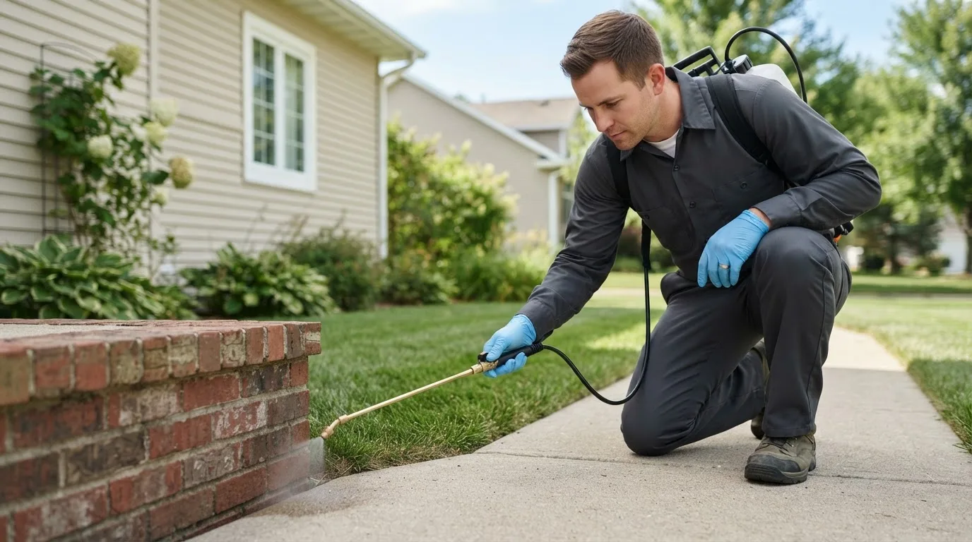 Pest control technician treating a home near Moffit, ND