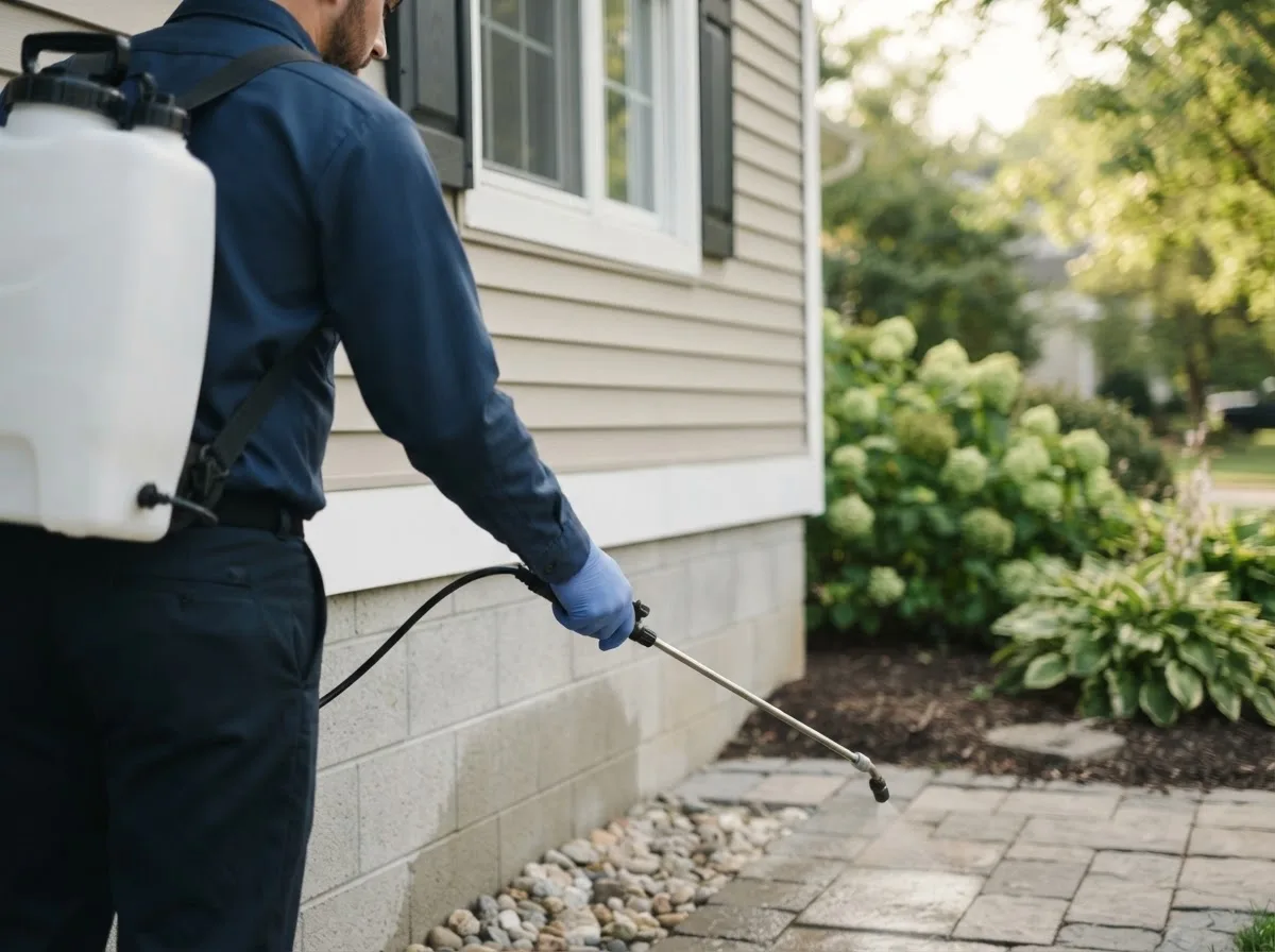 Pest control technician inspecting a home in Moffit, ND